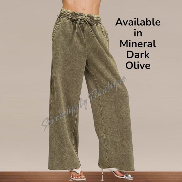 Comfy Mineral Wash Elastic High Waist Wide Leg Loose Fit Everyday Casual Pants - Picture 6 of 8